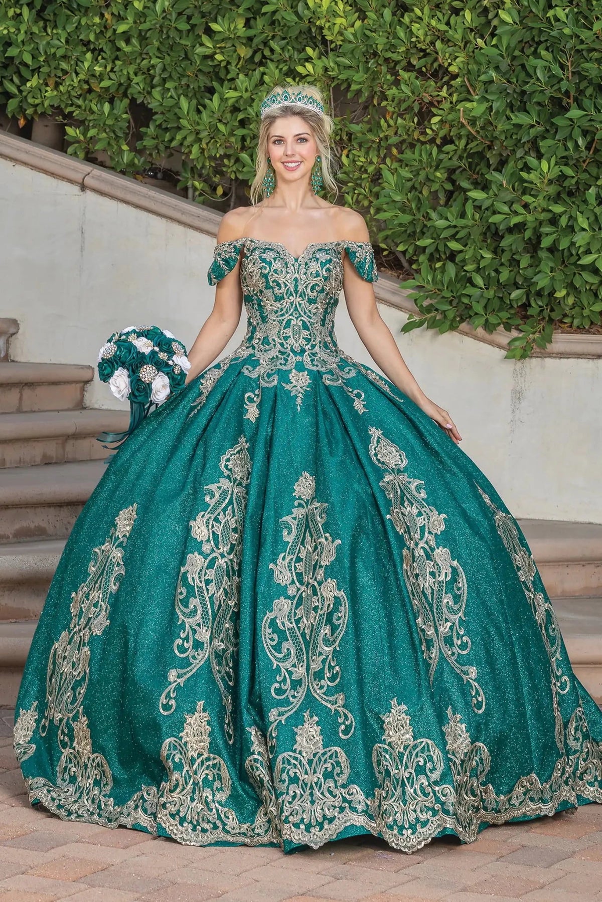 Front view of a Hunter Green quinceañera gown with off-the-shoulder neckline and voluminous full skirt