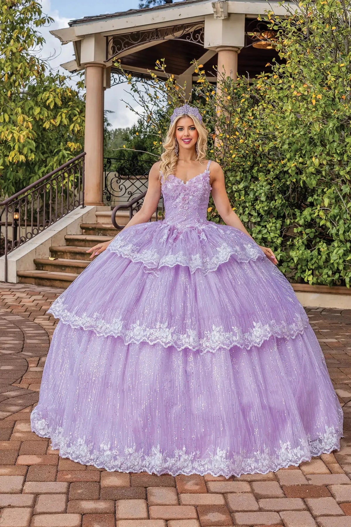 Front view of a Lilac quinceañera gown with cap sleeves and sequined tiered skirt