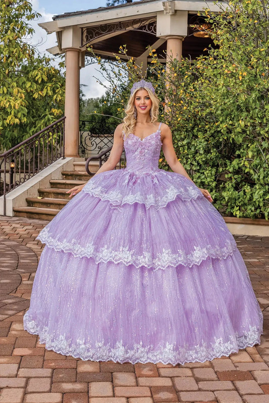 Front view of a Lilac quinceañera gown with cap sleeves and sequined tiered skirt