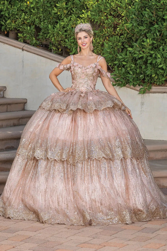 Front view of a Rose Gold quinceañera gown with cap sleeves and sequined tiered skirt
