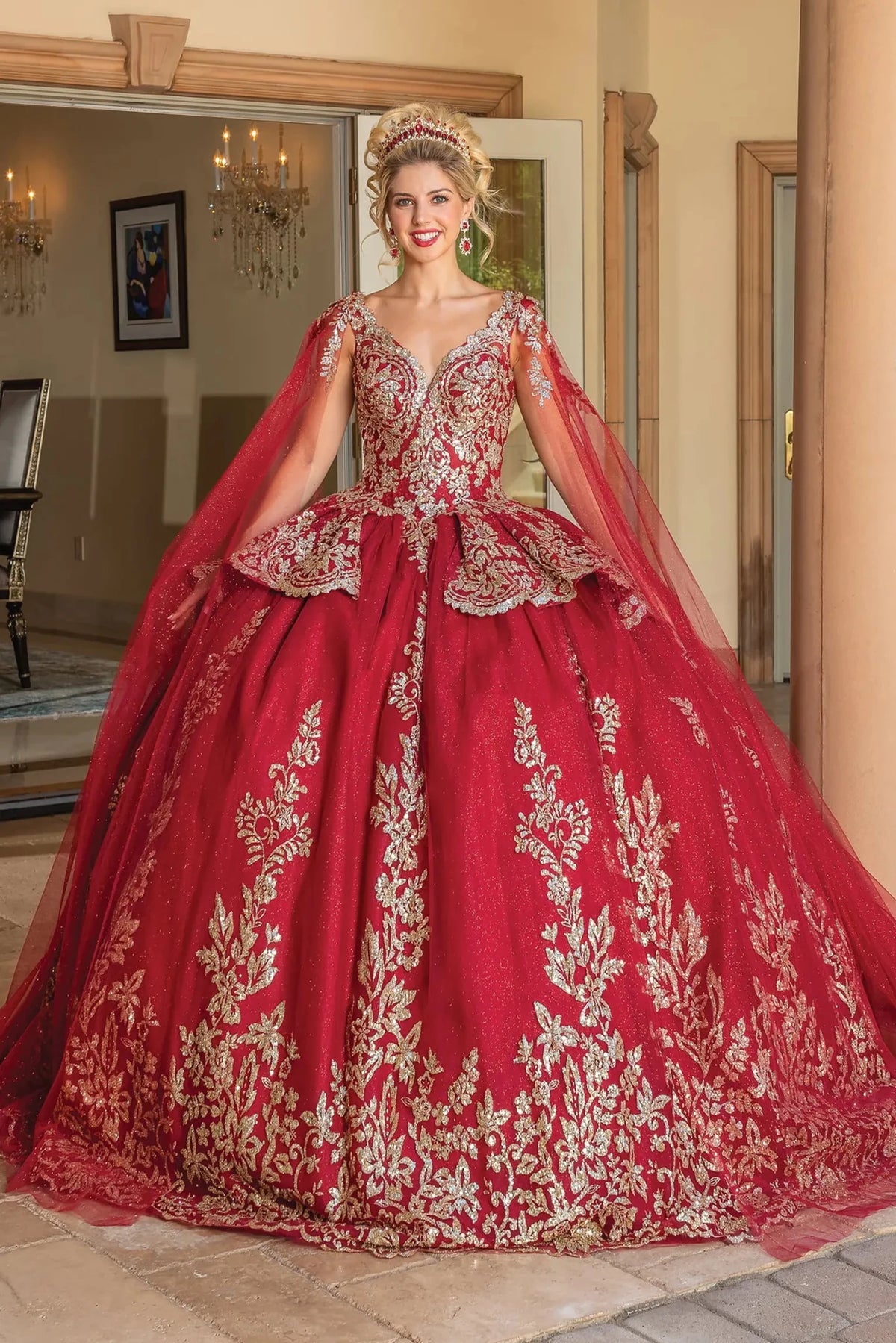Front view of a Burgundy quinceañera gown with sheer long sleeves