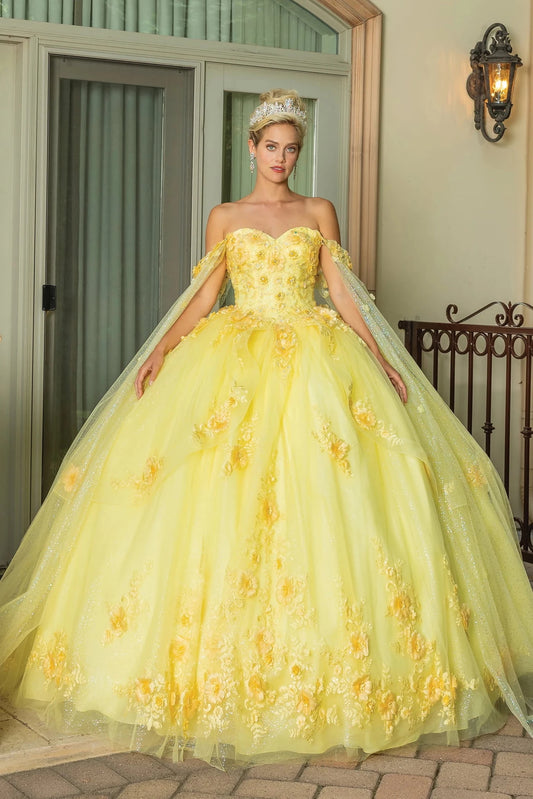 Showing floral appliqués across its sweetheart bodice, this Yellow quinceañera ball gown is shown in full view.