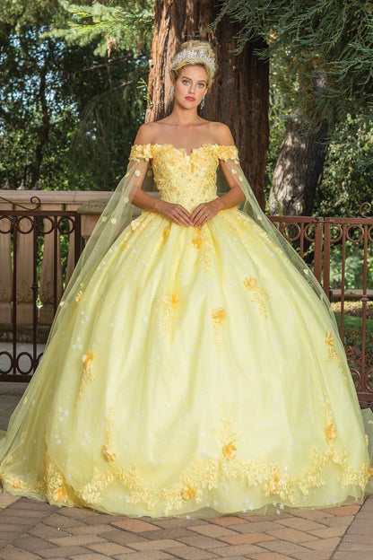 Yellow Fairytale Off-the-Shoulder Ball Gown with Embroidered Accents and Sheer Sleeved Cape Quince Dress - front view of woman wearing dress