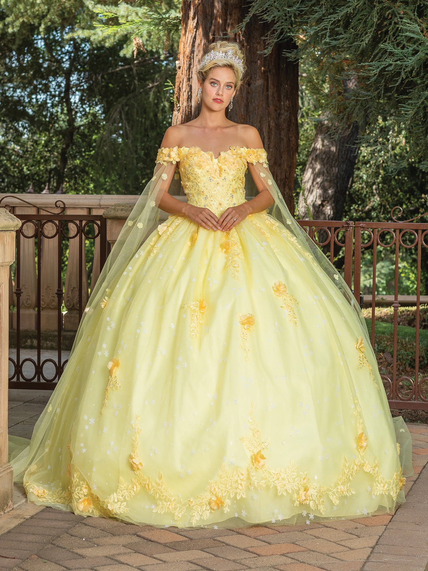 Yellow Fairytale Off-the-Shoulder Ball Gown with Embroidered Accents and Sheer Sleeved Cape Quince Dress - front view of woman wearing dress