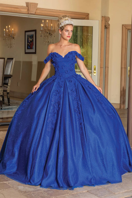 Front view of a Royal Blue quinceañera gown with off-the-shoulder neckline, floral appliqués, and glitter tulle skirt
