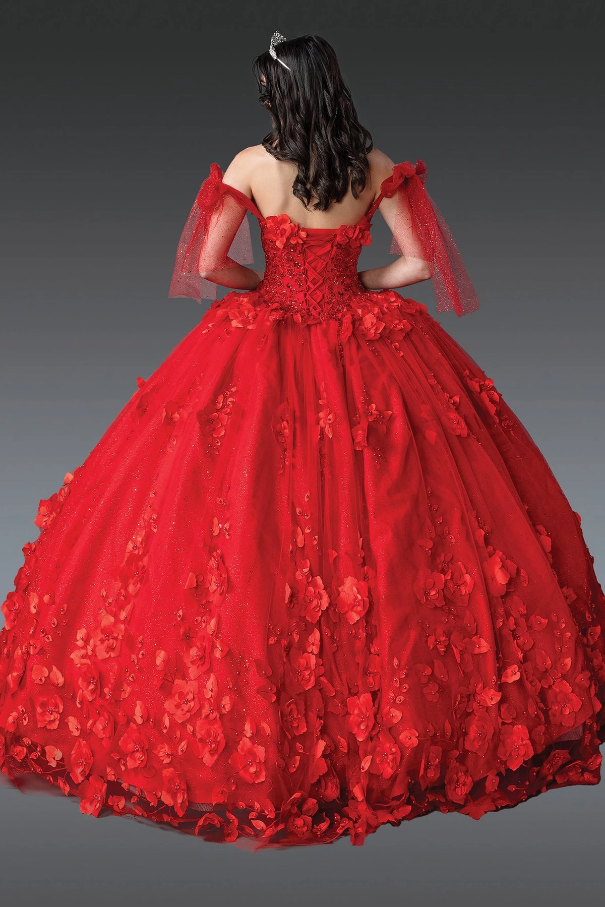 Back view of a Red quinceañera gown showing lace-up back and floral appliqués