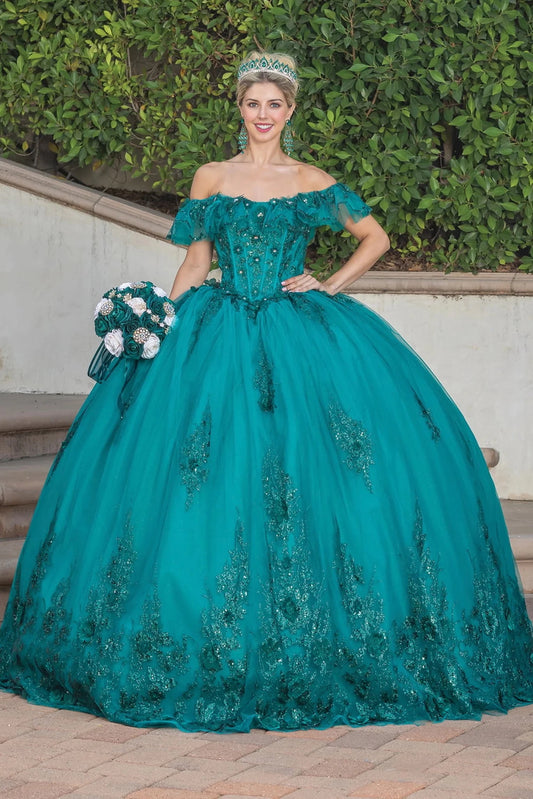 Front view of a Teal quinceañera gown with off-the-shoulder neckline, corset bodice, floral embroidery, and embroidered tulle skirt