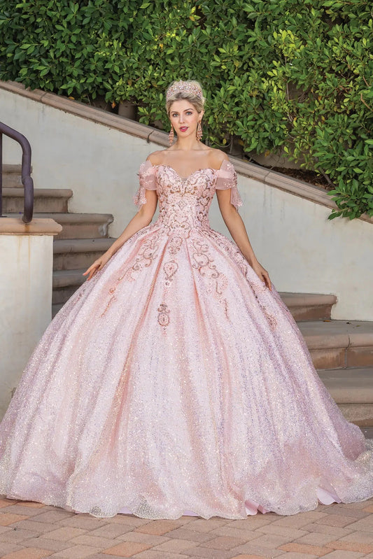 Front view of a Rose Gold quinceañera gown with cap sleeves and embroidered bodice
