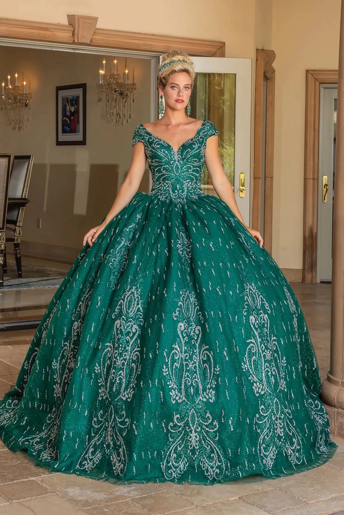 Front view of a Hunter Green quinceañera gown with scoop neckline