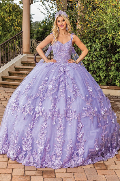 Quinceanera | Lilac Sweetheart Neckline Quince Ball Gown with Sheer Sleeves | Vidonia dress front