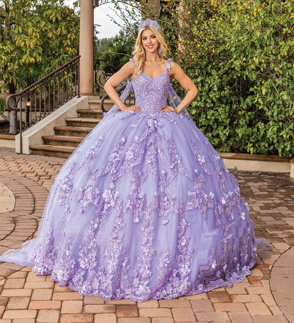 Quinceanera | Lilac Sweetheart Neckline Quince Ball Gown with Sheer Sleeves | Vidonia dress front