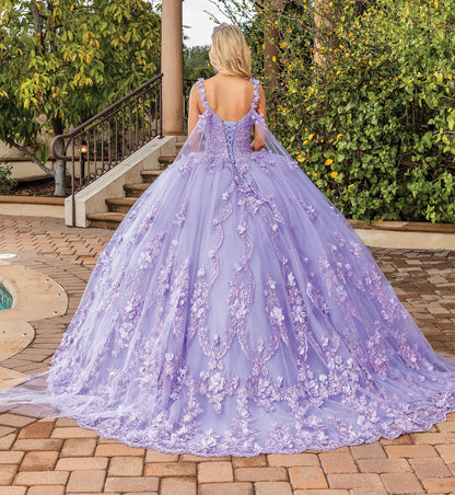 Quinceanera | Lilac Sweetheart Neckline Quince Ball Gown with Sheer Sleeves | Vidonia dress back