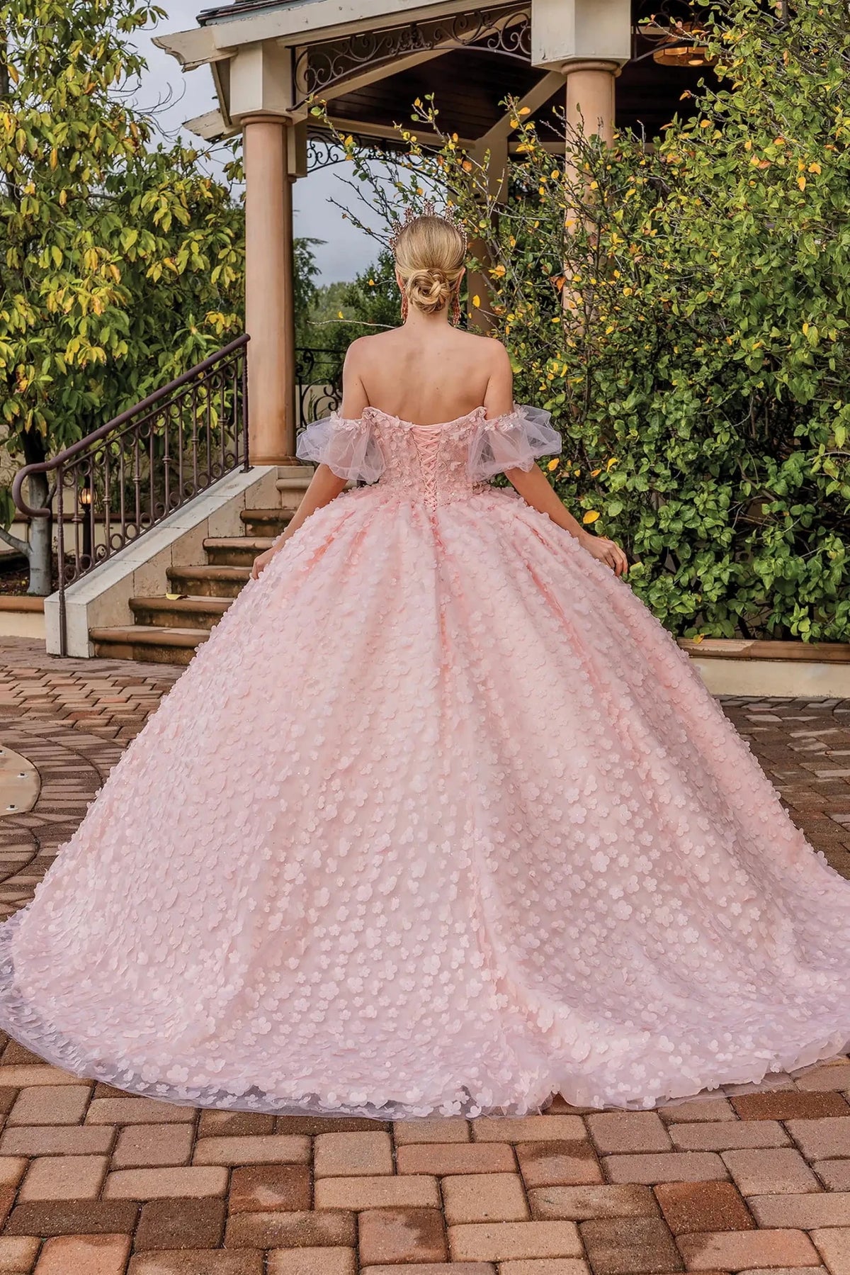 Rear full-length view of a Blush quinceañera gown showing lace-up back and floral appliqués