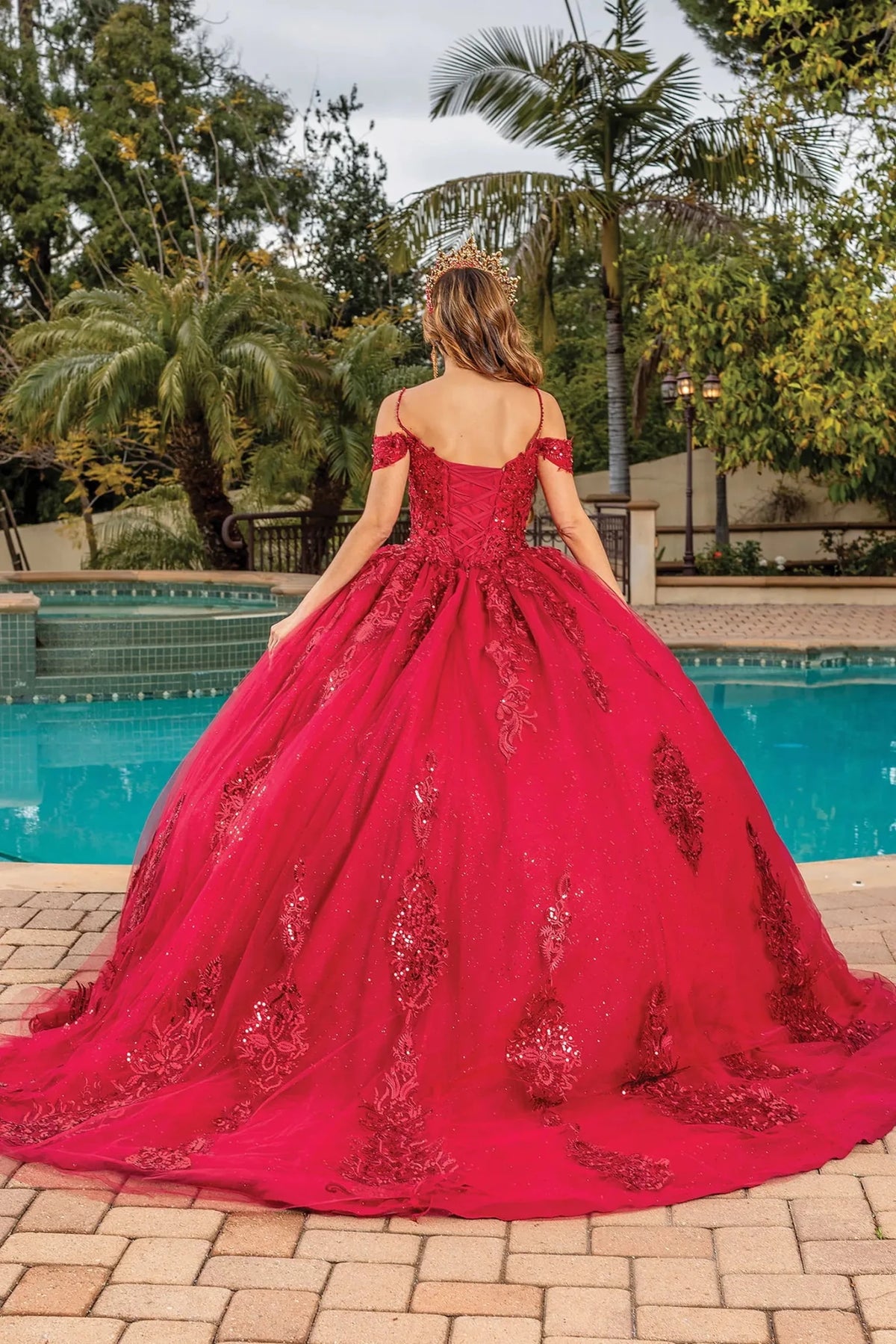Back view of a Burgundy quinceañera gown showing lace-up back, voluminous full skirt, and lace appliqués