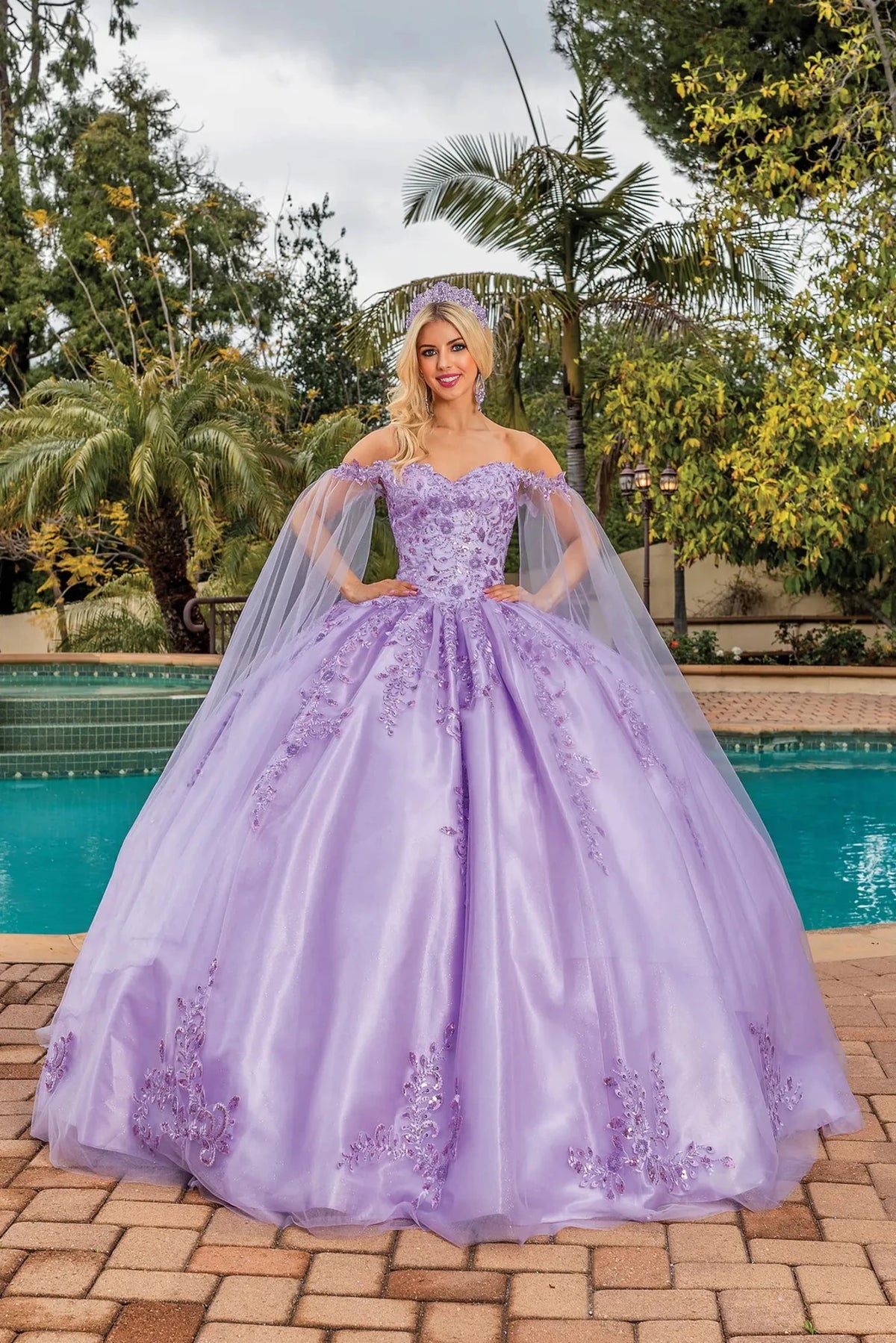 Front view of a Lilac quinceañera gown with voluminous full skirt