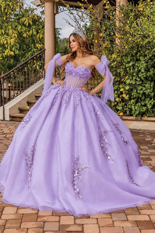 lilac off-the-shoulder ball gown with floral lace applique and sheer flutter sleeves