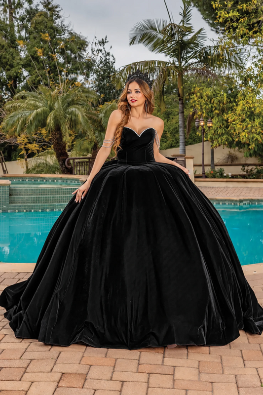 Black velvet quinceanera dress with crystal neckline, full front view