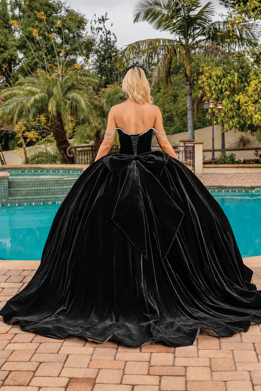 Black velvet quinceanera dress with lace-up back, full back view