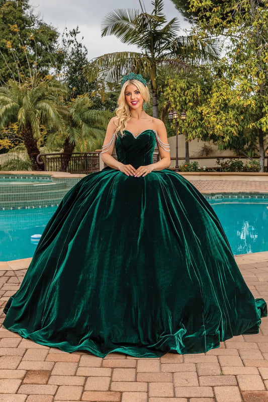 Full-length front view of a Hunter Green quinceañera gown with off-the-shoulder neckline and crystal accents