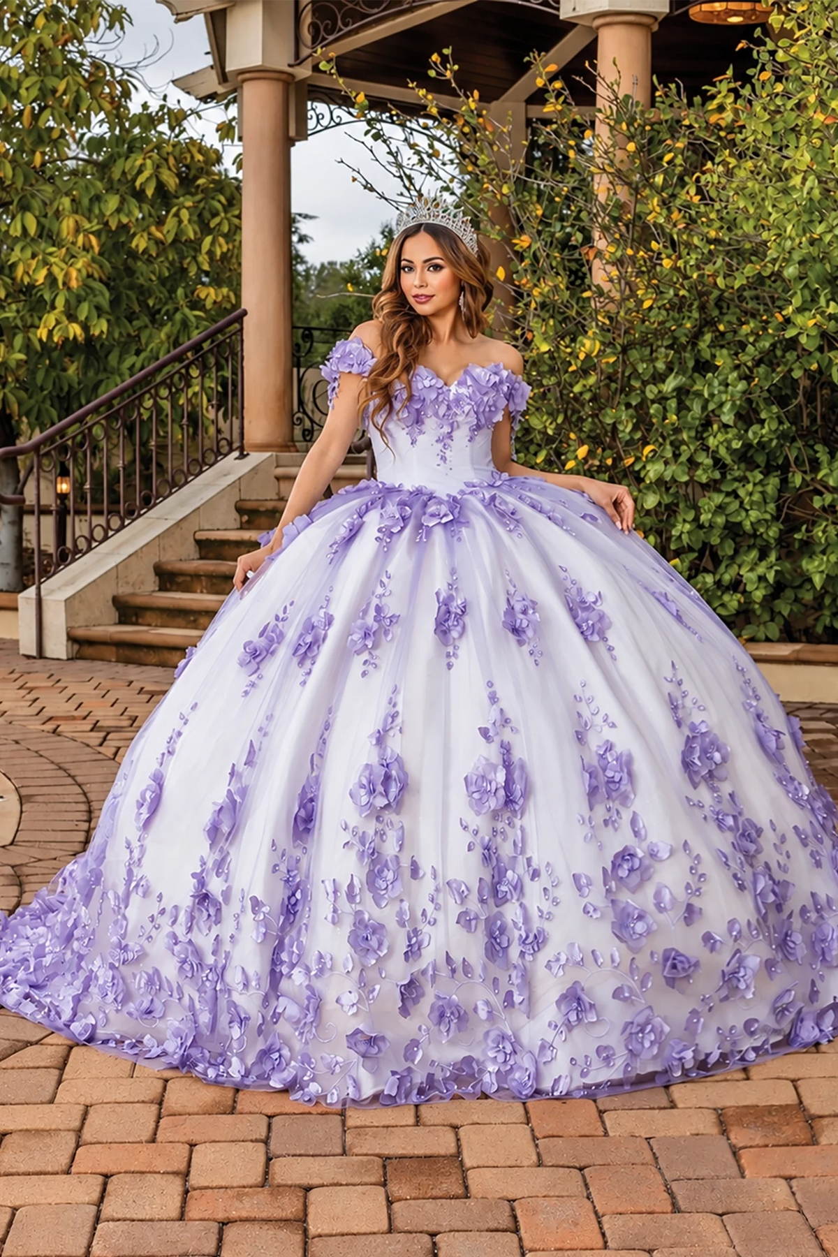 Front view of a Lilac/Off White quinceañera gown with off-the-shoulder neckline and floral embroidery