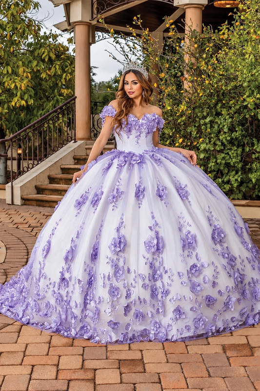 Front view of a Lilac/Off White quinceañera gown with off-the-shoulder neckline and floral embroidery