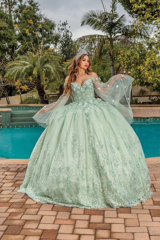 Front view of a Sage quinceañera gown with sweetheart neckline and floral embroidery