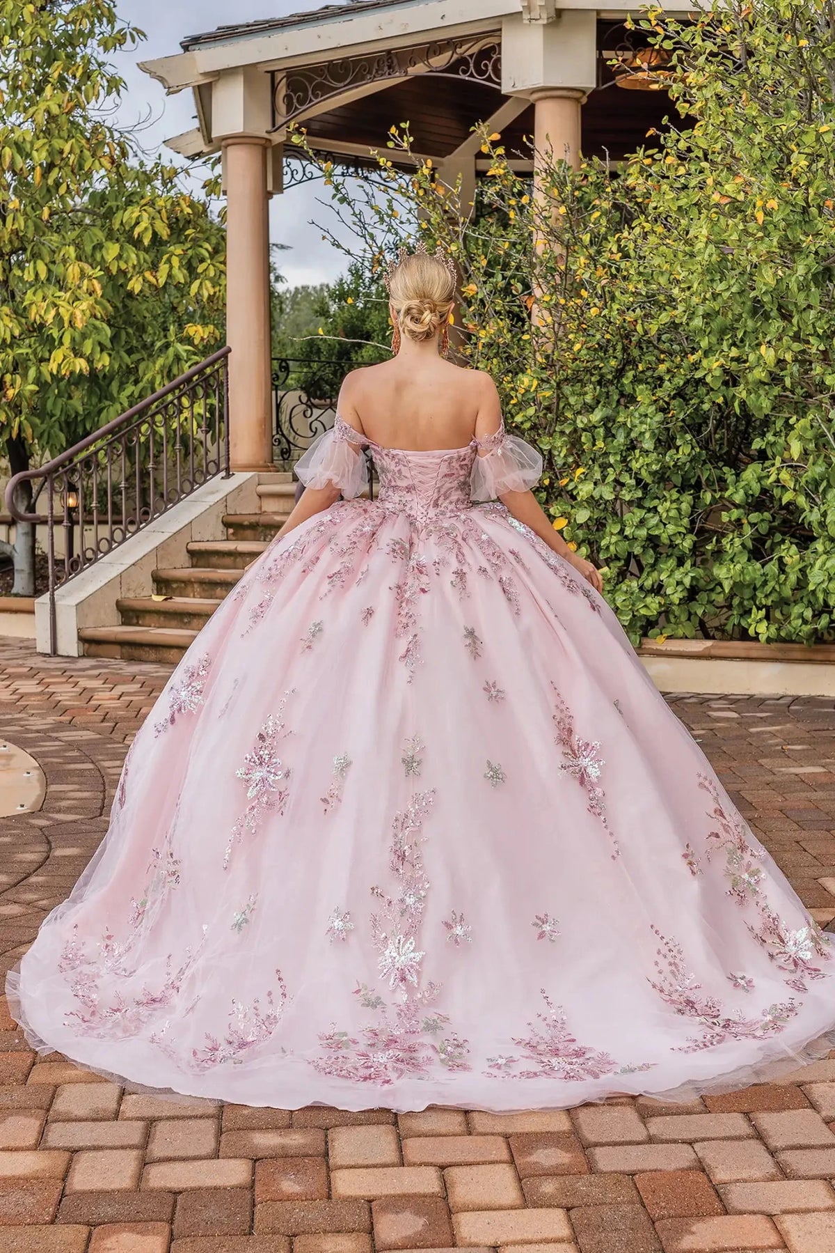 Back view of a Blush quinceañera gown showing lace-up back and sheer long sleeves