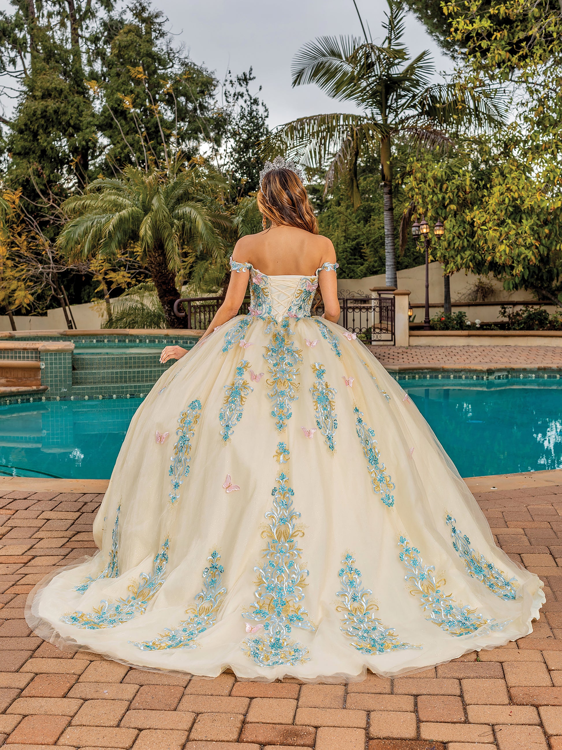 Quinceanera | Off-the-Shoulder Crystal Embellished Lace Appliqués, Beaded Butterflies, and Tulle Skirt Quinceanera dress - back view of woman wearing dress standing in front of pool