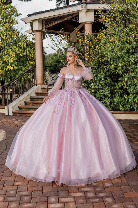Front view of a Blush quinceañera gown with corset bodice and floral appliqués