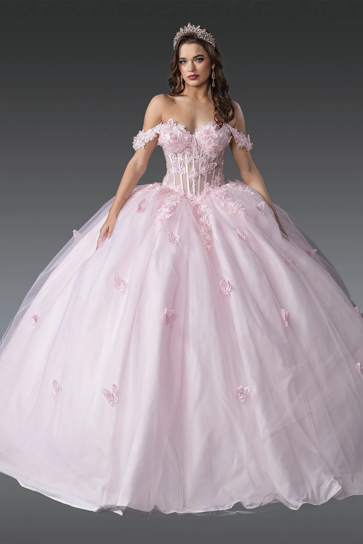 Blush floral appliqué quinceanera dress, full front view