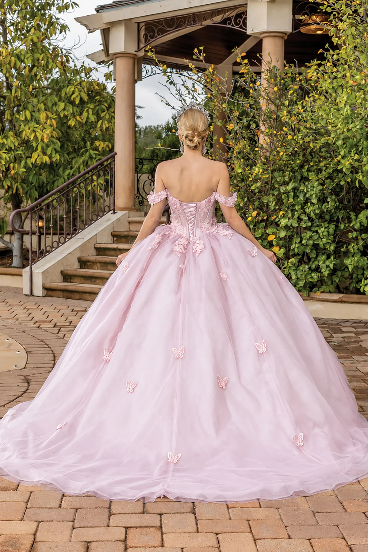 Blush floral applique quinceanera dress, additional full back view