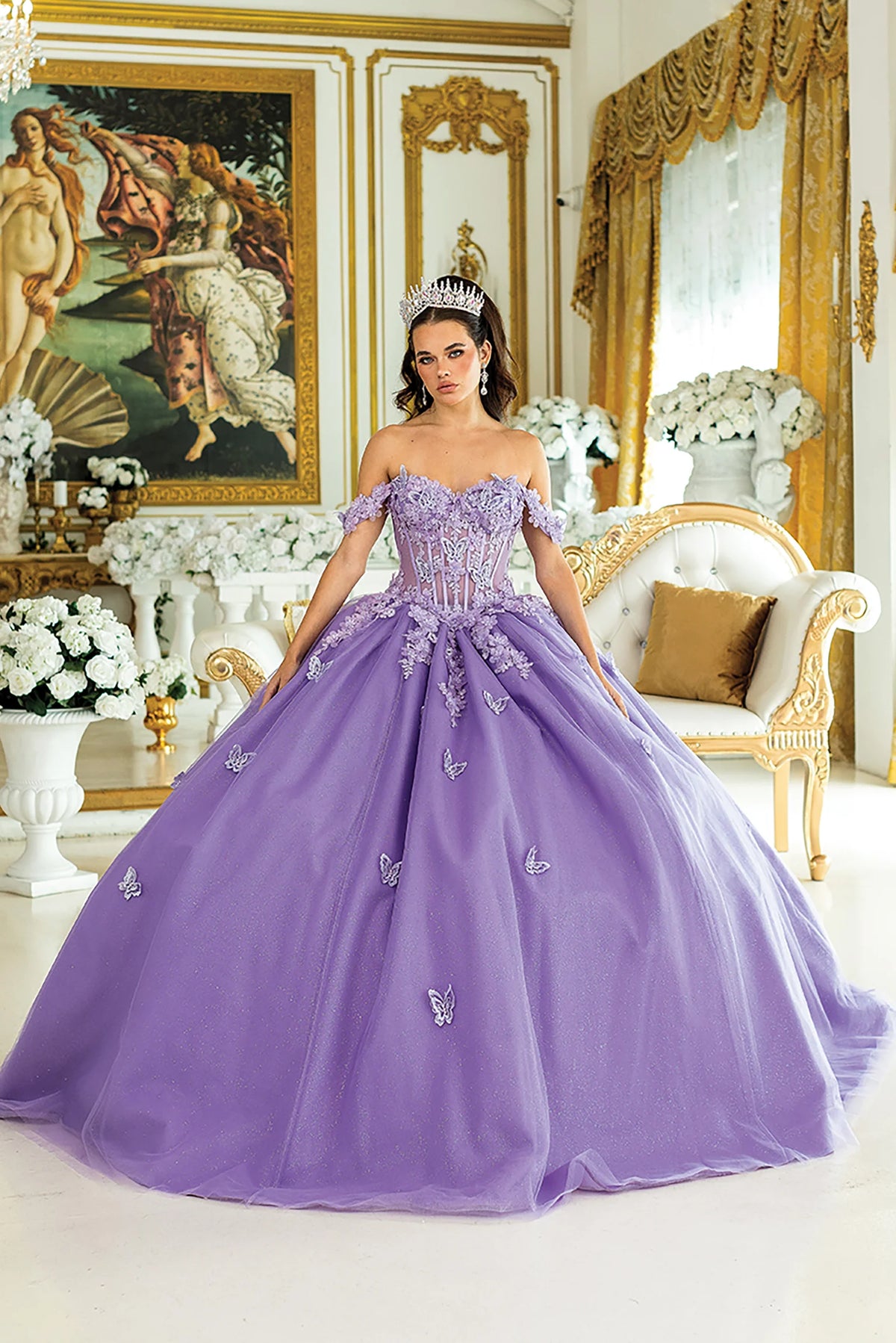 Lilac floral appliqué quinceanera dress, full front view