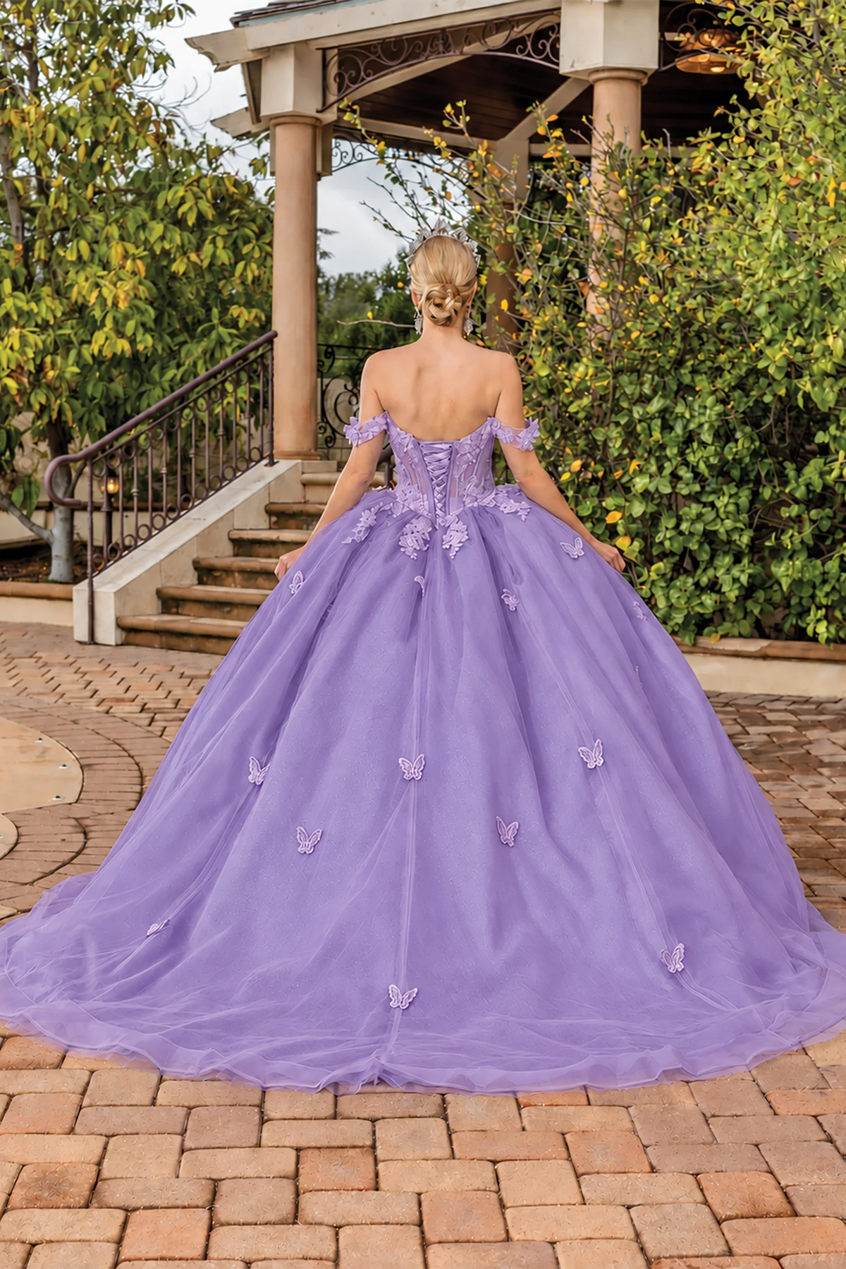 Lilac floral appliqué quinceanera dress, back view with lace-up closure