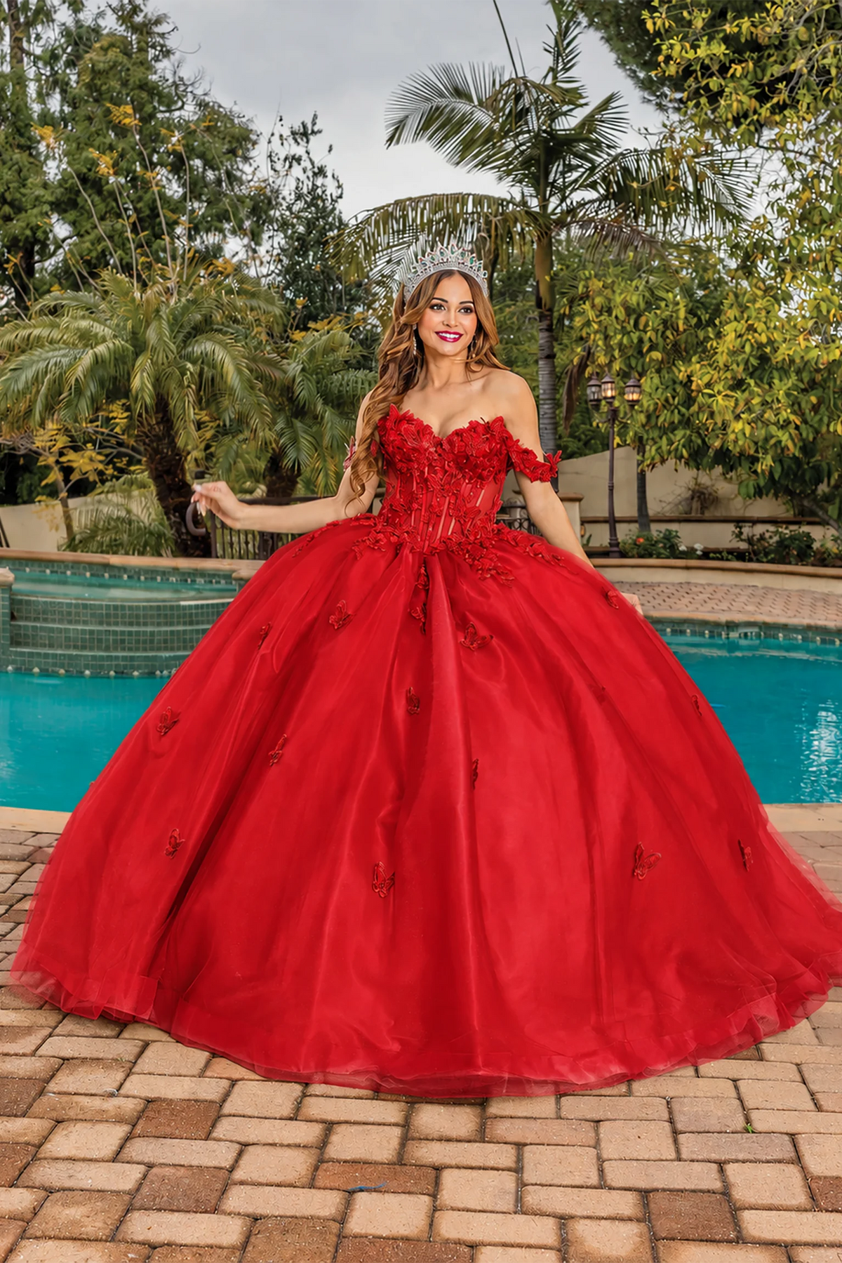 Red floral appliqué quinceanera dress, full front view