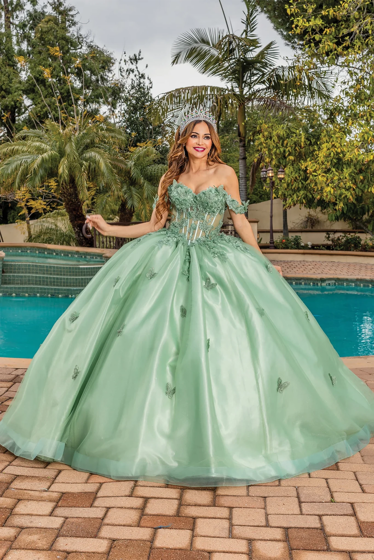 Sage floral appliqué quinceanera dress, full front view