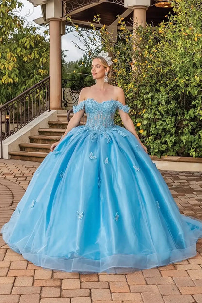 Front view of a Bahama blue off-shoulder quinceañera ball gown with sheer corset bodice, butterfly appliqués, glitter tulle skirt, and voluminous silhouette.