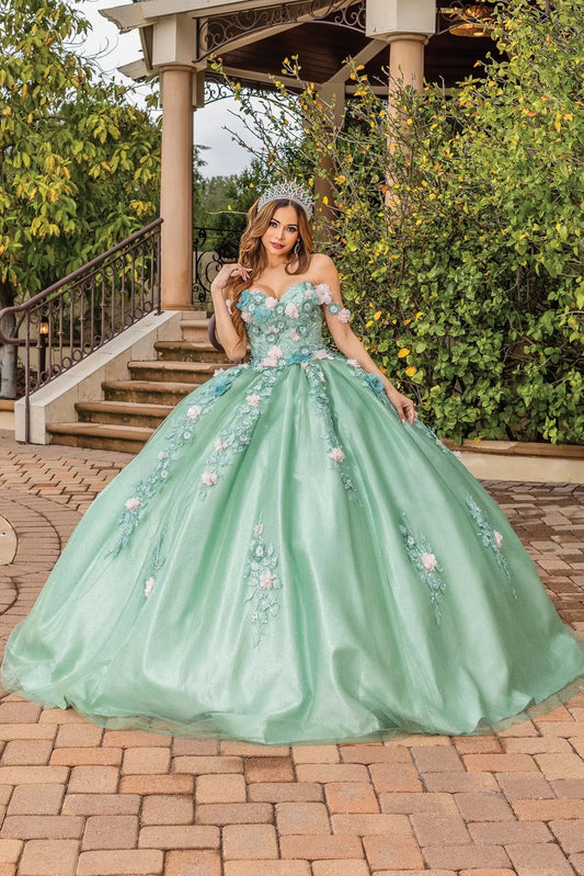 Front view of a Sage quinceañera gown with detachable sleeves and corset bodice