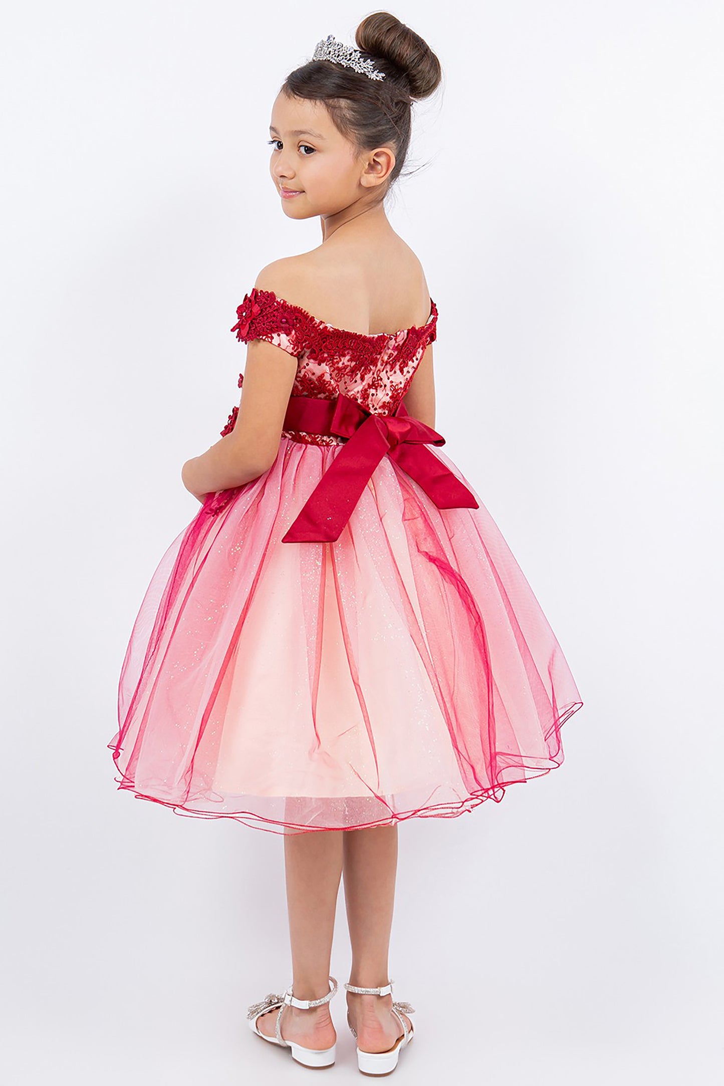 Burgundy Off-the-shoulder Two-tone Lace Adorned with 3D Flowers dress | Flower Girl Dress - back view of girl wearing dress showcasing bow