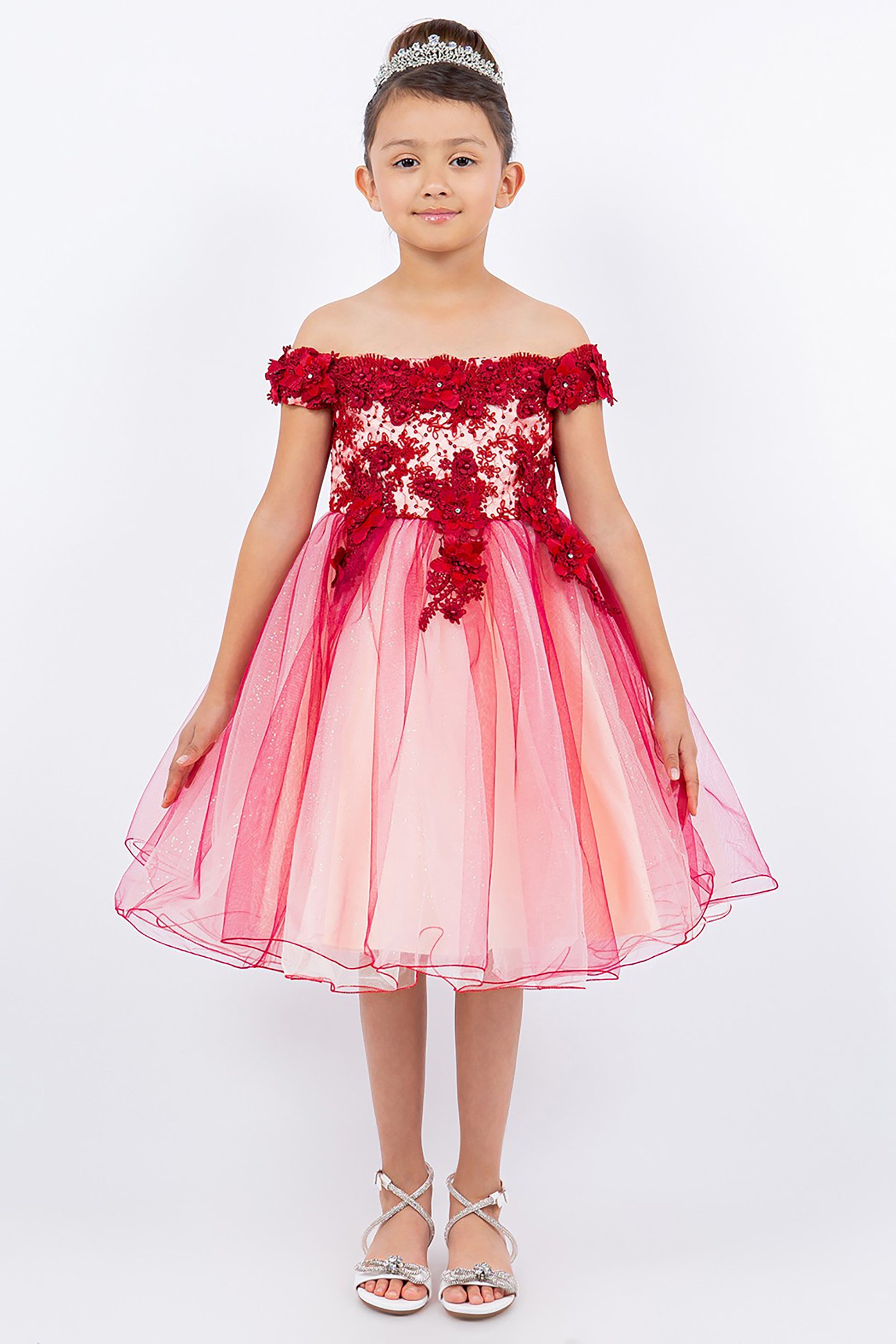 Burgundy Off-the-shoulder Two-tone Lace Adorned with 3D Flowers dress | Flower Girl Dress -front view of girl wearing dress