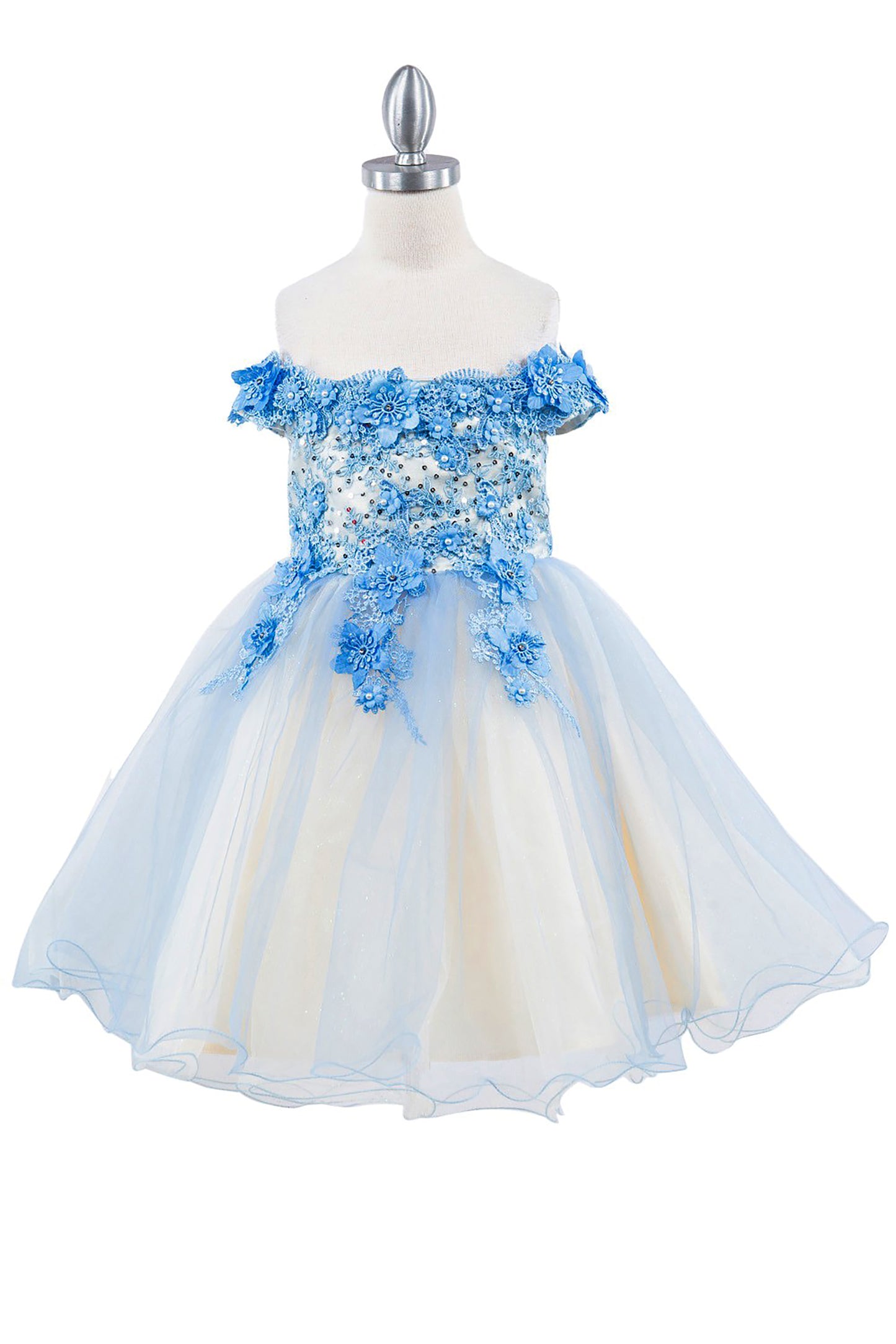 Blue Off-the-shoulder Two-tone Lace Adorned with 3D Flowers dress | Flower Girl Dress - front view of dress