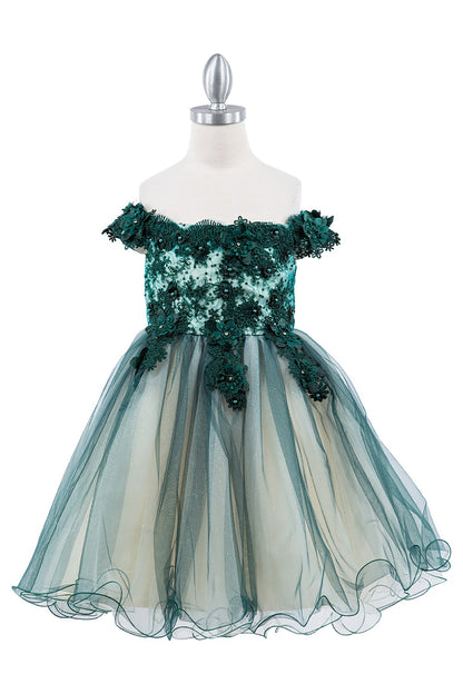 Hunter Green Off-the-shoulder Two-tone Lace Adorned with 3D Flowers dress | Flower Girl Dress - front view of dress