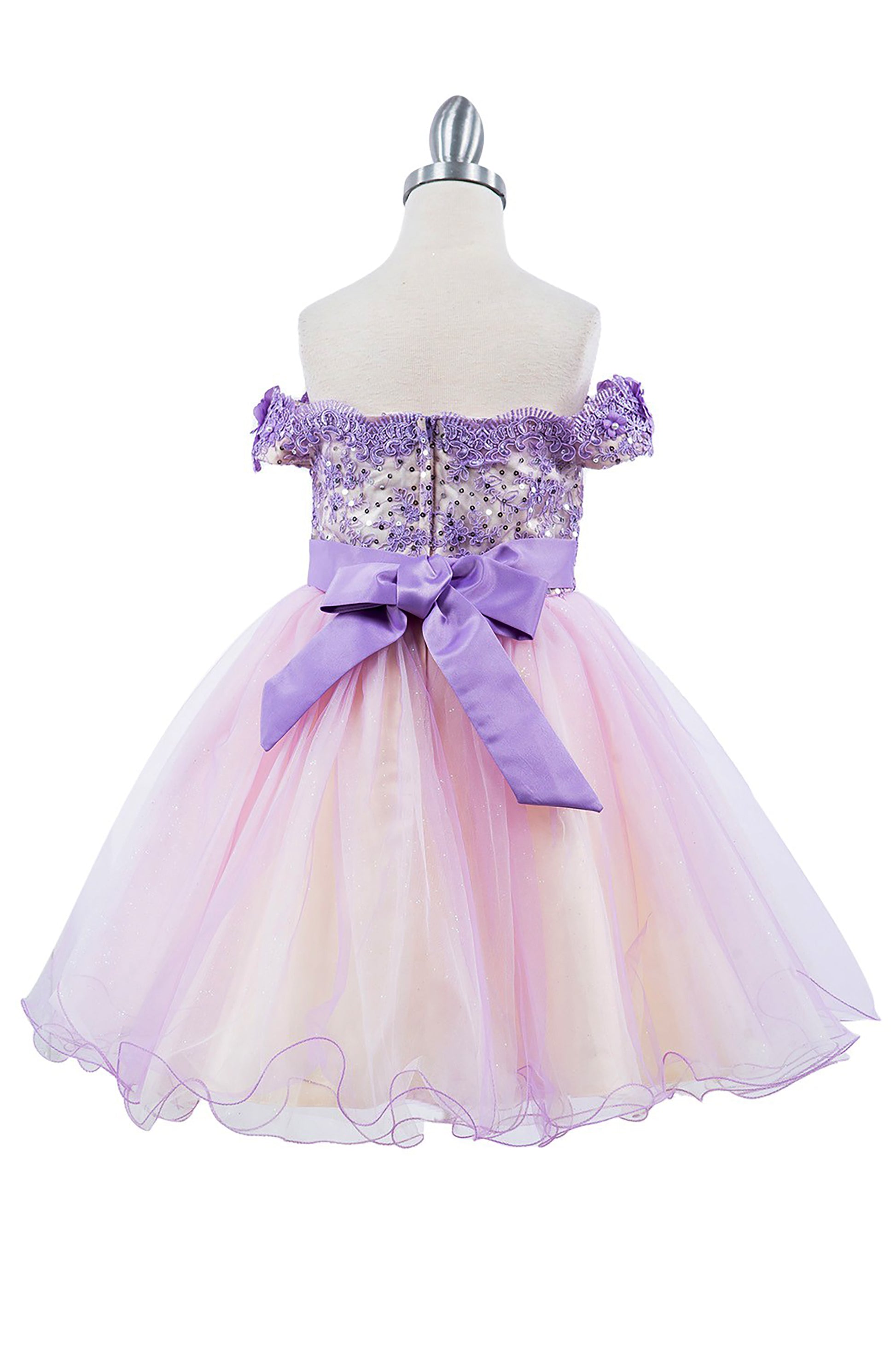 Lilac Off-the-shoulder Two-tone Lace Adorned with 3D Flowers dress | Flower Girl Dress - back view of dress with bow