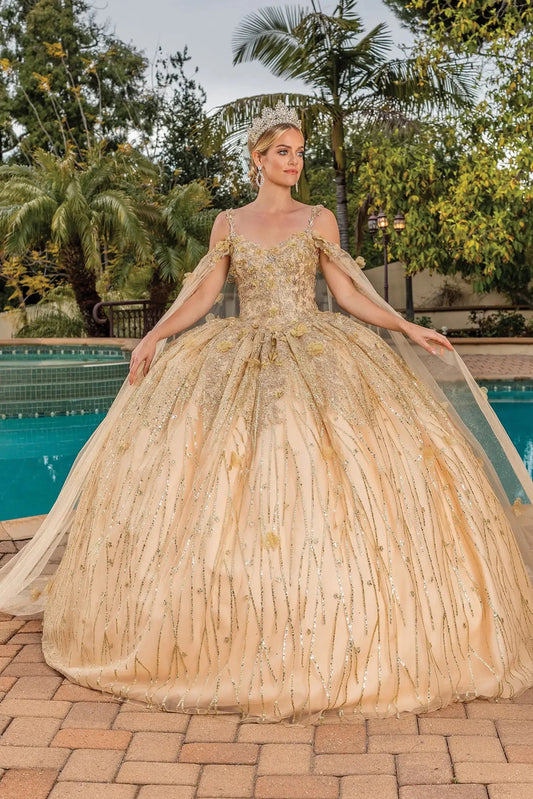Front view of a Gold quinceañera gown with sheer sleeves, embroidered bodice, embroidered appliqués, and glitter tulle skirt