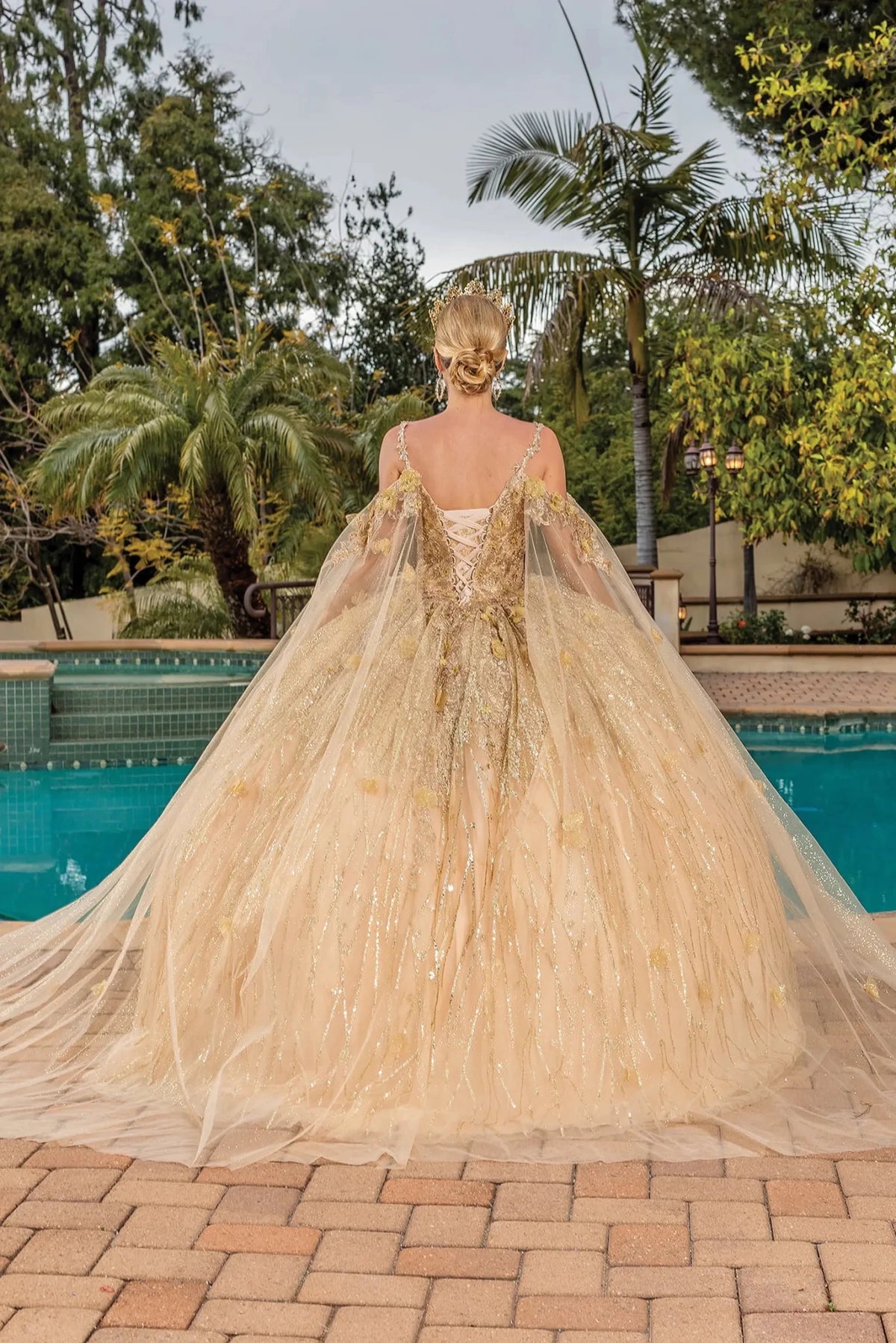 Back view of a Gold quinceañera gown showing lace-up back, sheer sleeves, and glitter tulle skirt