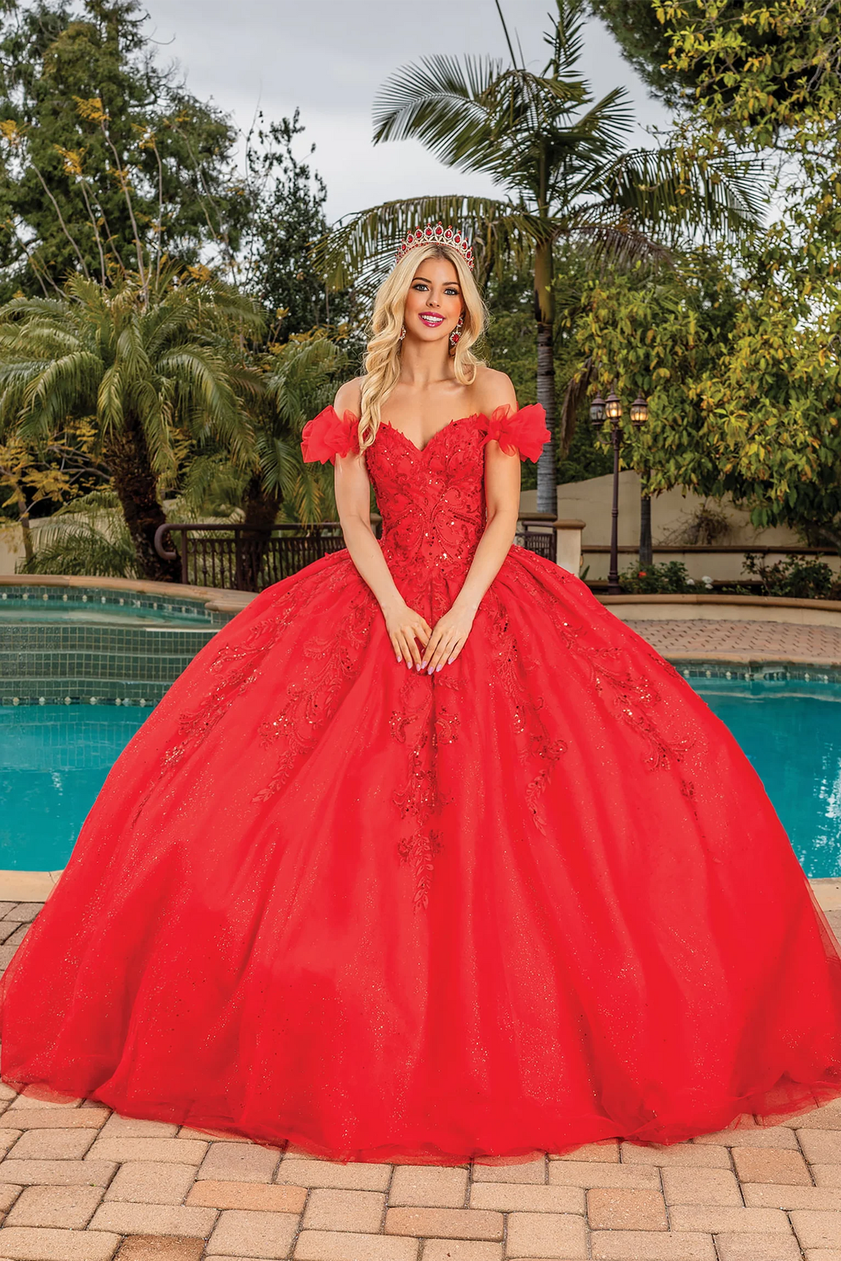 Red embroidered lace quinceanera dress, full front view