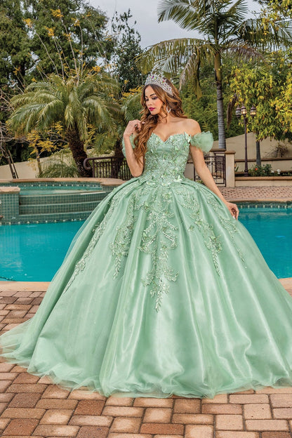 Quinceanera | Sage Off-the-Shoulder Satin Gown with Embroidered Lace Bodice, Cascading Skirt Detail Quince Ballgown Dress | Luisa dress