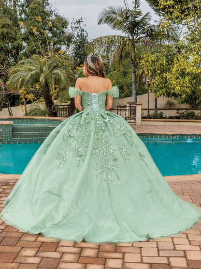 Quinceanera | Sage Off-the-Shoulder Satin Gown with Embroidered Lace Bodice, Cascading Skirt Detail Quince Ballgown Dress | Luisa dress