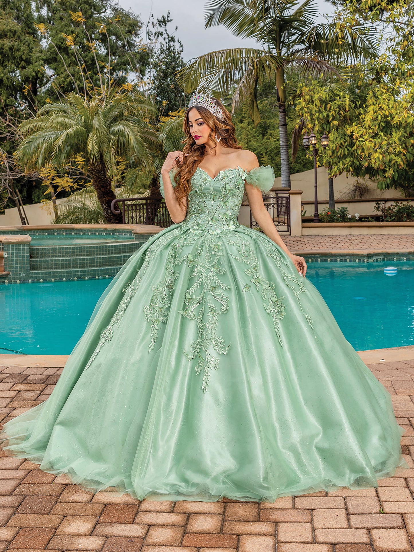 Quinceanera | Sage Off-the-Shoulder Satin Gown with Embroidered Lace Bodice, Cascading Skirt Detail Quince Ballgown Dress | Luisa dress