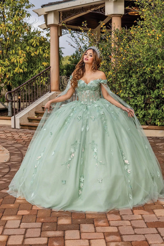 Front view of a Sage quinceañera gown with detachable sleeves, beaded bodice, and floral appliqués