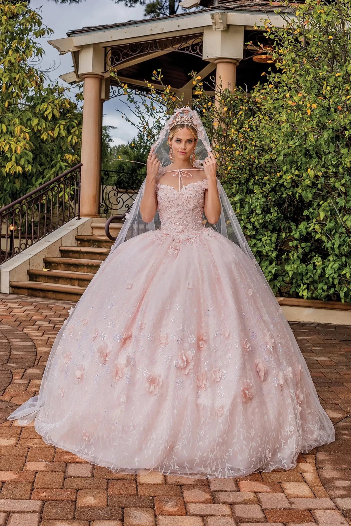 Front view of a Light Blush quinceañera gown with sheer sleeves, floral appliqués, and layered tulle skirt